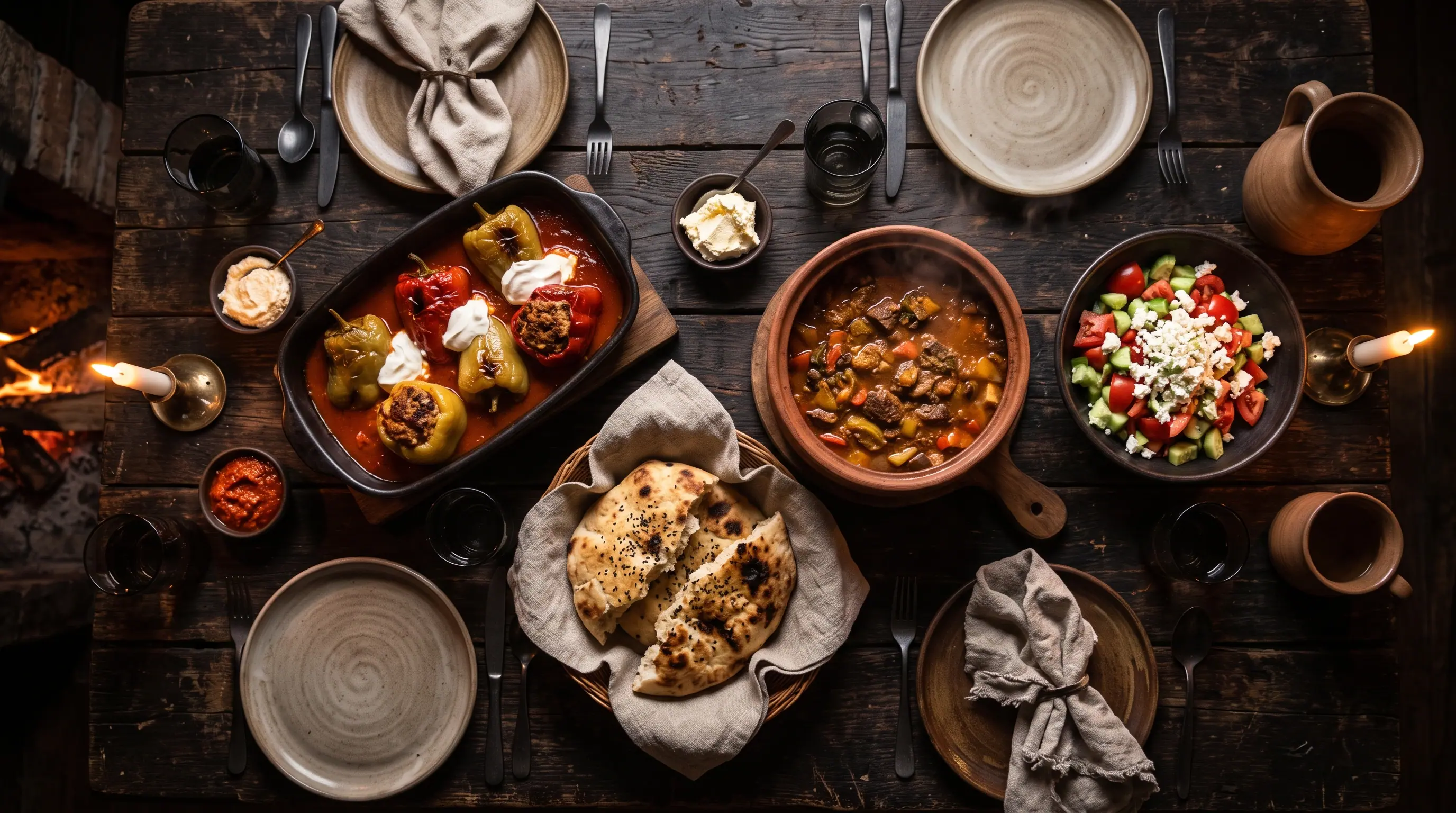 Sto odozgo: punjene paprike, bosanski lonac, somun, šopska salata, kajmak i ajvar